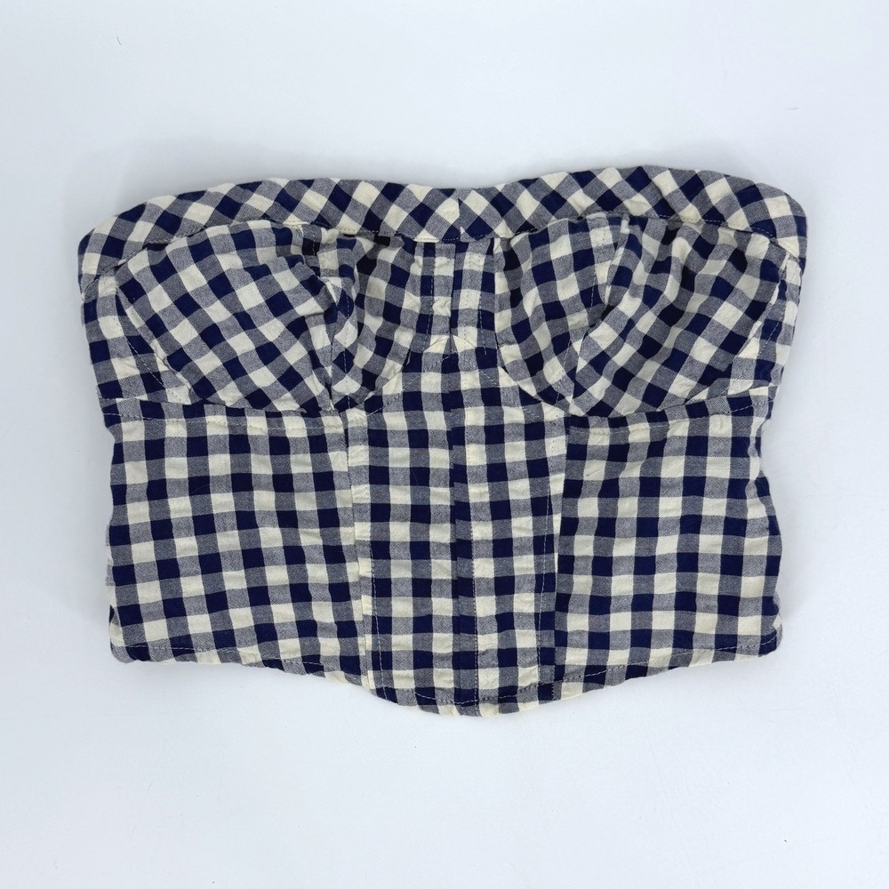 Free People Blue Gingham Crop Leilani Tube Top XS 100% Cotton Summer Smocked - Picture 2 of 7